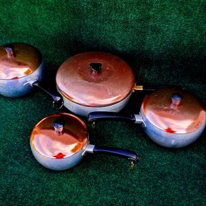 Set VTG 1960 Wear Ever Hallite Pots Copper Coat Lids 8 PCs Fry Pan Is Diff Brand